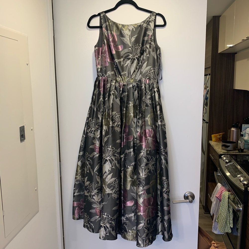 Adrianna Papell Gray Floral Midi Dress with Pink and Olive Accents
